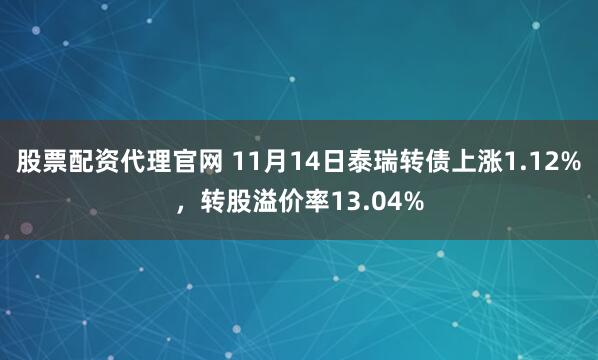 股票配资代理官网 11月14日泰瑞转债上涨1.12%,转股溢价率13.04%